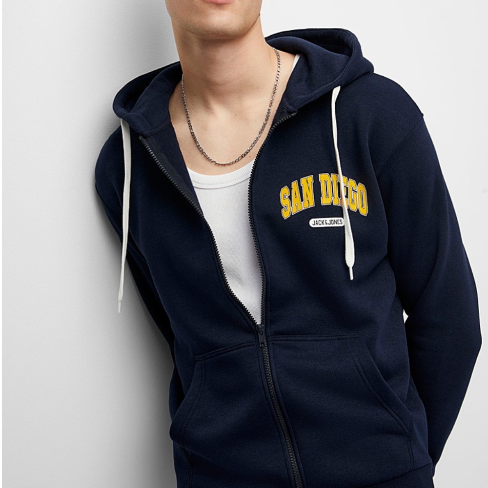Jack & Jones navy blue and yellow San Diego varsity zip-up hoodie NWT